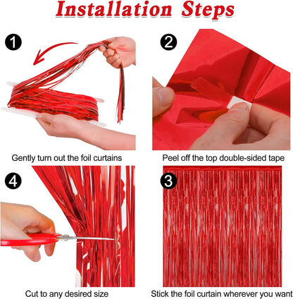 Regine Switzerland Red Curtains - 12 Pack Metallic Fringe Tinsel Backdrop | 3.28 FT x 7.05 FT Party Decor