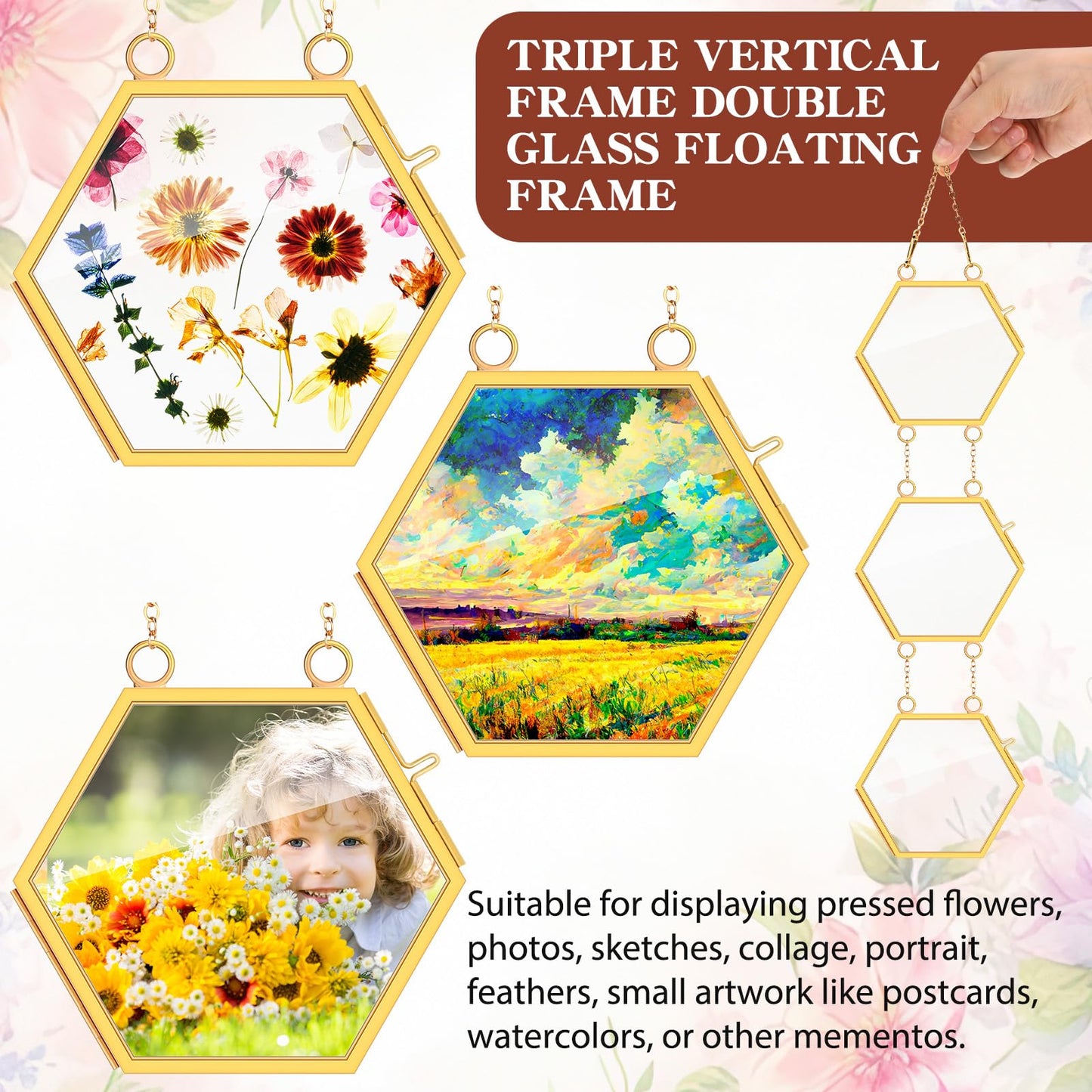 Marsui 3 Set Double Glass Frame Collage For Pressed Flowers with 9 Pcs 4 x 3 Inch Openings Gold Hanging Glass Floating Photo Frames for Artwork Display Photo Modern Home Wall Decor