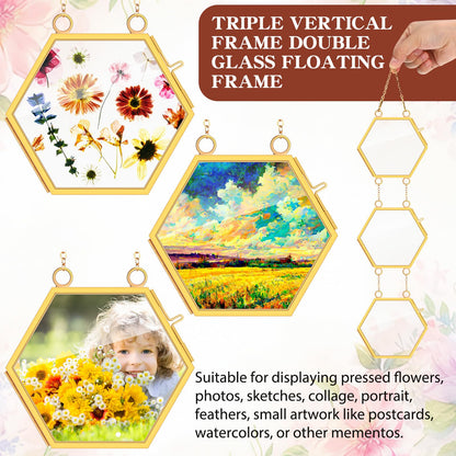 Marsui 3 Set Double Glass Frame Collage For Pressed Flowers with 9 Pcs 4 x 3 Inch Openings Gold Hanging Glass Floating Photo Frames for Artwork Display Photo Modern Home Wall Decor