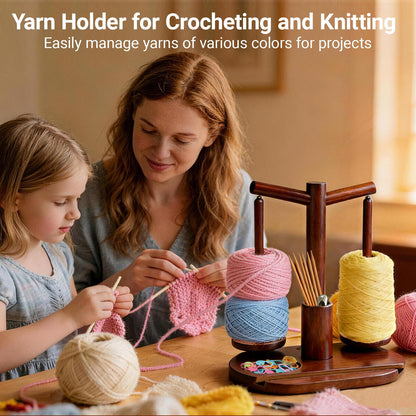 Lemosyu Wooden Yarn Holder for Crocheting and Knitting, Magnetic Rotating Yarn Spinner with 2 Spindles, Crochet Accessories Storage & Phone Stand, Perfect Gift for Knitters, Women, Mom, Grandma