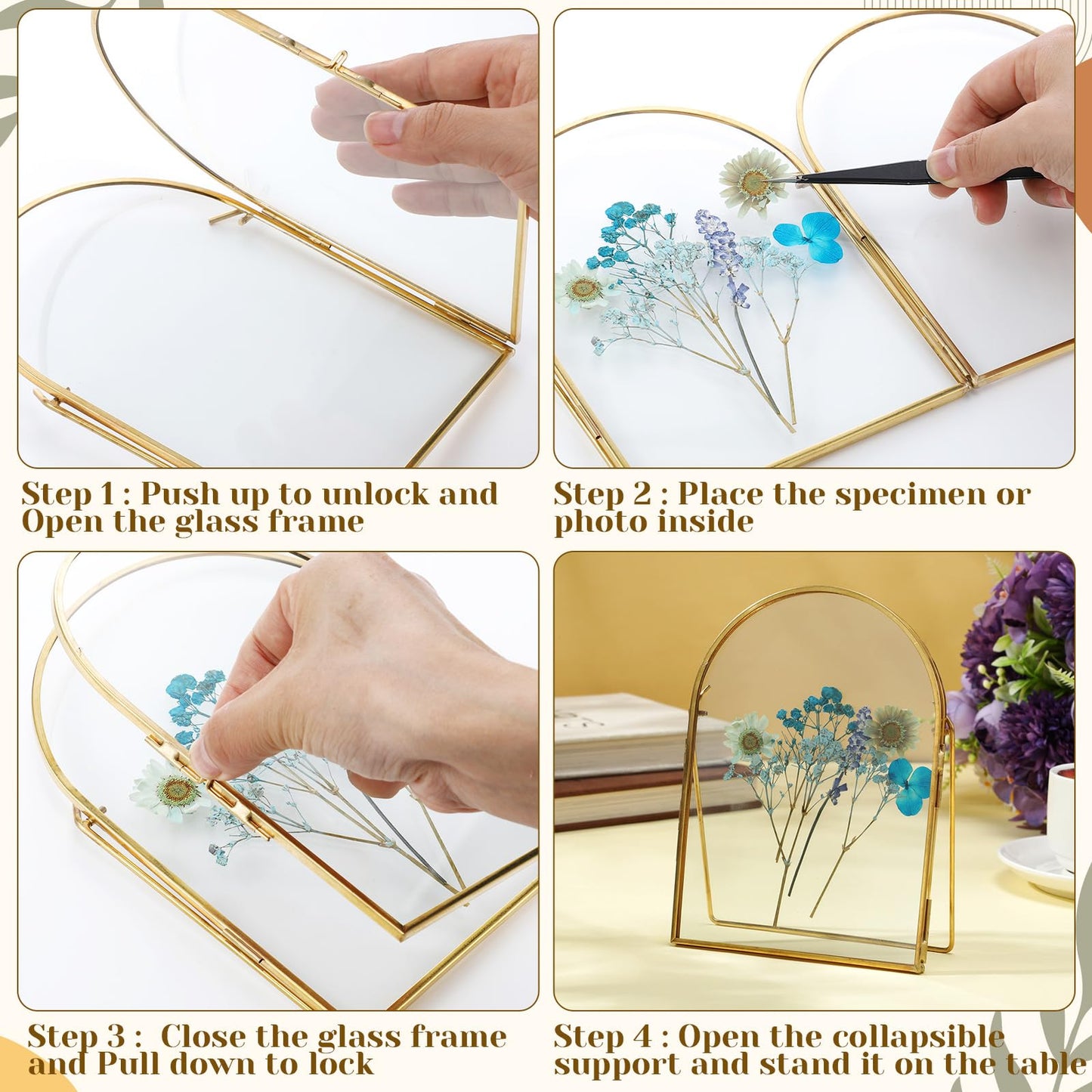 Vicenpal 4 Pcs 5 x 7 Inch Double Glass Frame for Pressed Flowers Vintage Metal Gold Floating Picture Frames Minimal Vertical Arched Photo Stand for Desk Tabletop Display (Gold)