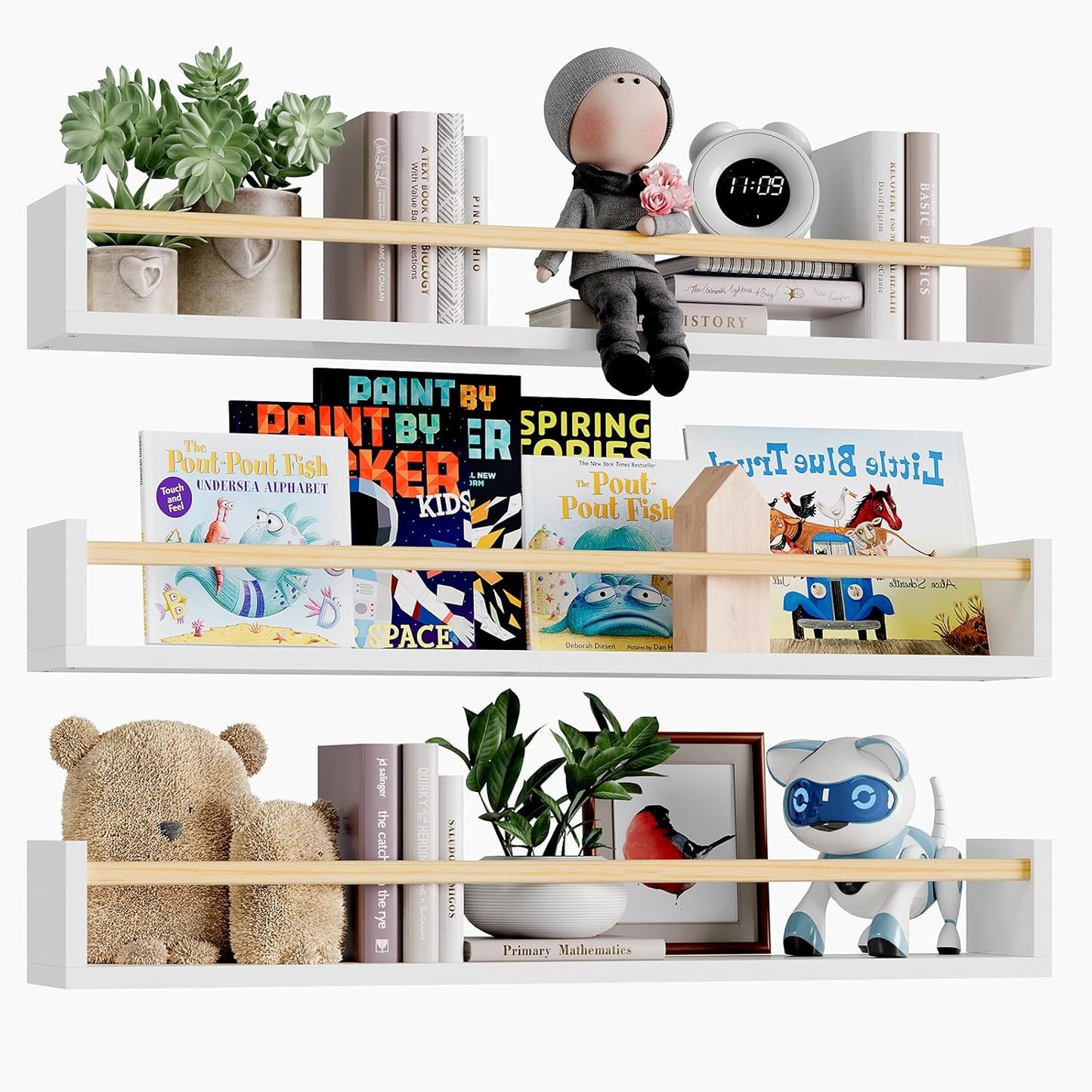 23.6 Inch Set 3, Fixwal Nursery Book Shelves, Floating Bookshelves for Wall of Baby Nursery Decor, Solid Wood Wall
