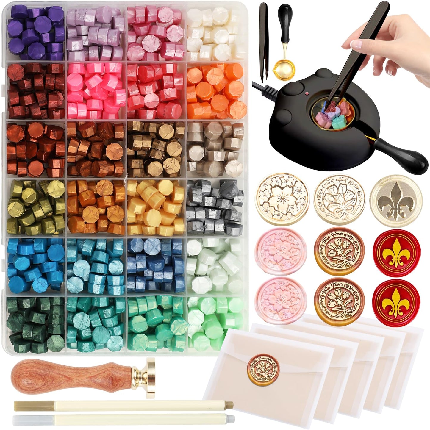 Wax Seal Electric Kit with 24 Colors Wax Seal Beads 600pcs, 3pcs (Sakura/Tulip/Fleur de Lis) Stamps with Electric Warmer Set for Sealing Invitation, Christmas, Gift Wrapping(Flower Stamp Kit)