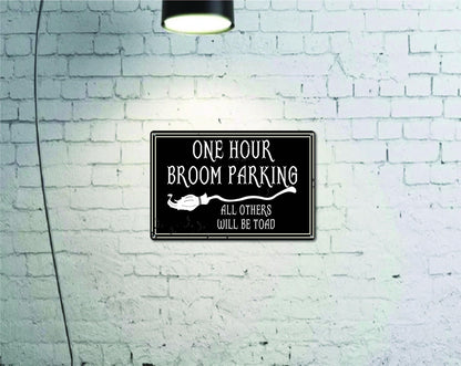 One Hour Broom Parking 12" x 8" Tin Sign Halloween Theme Home Fall Decor Wall Decoration