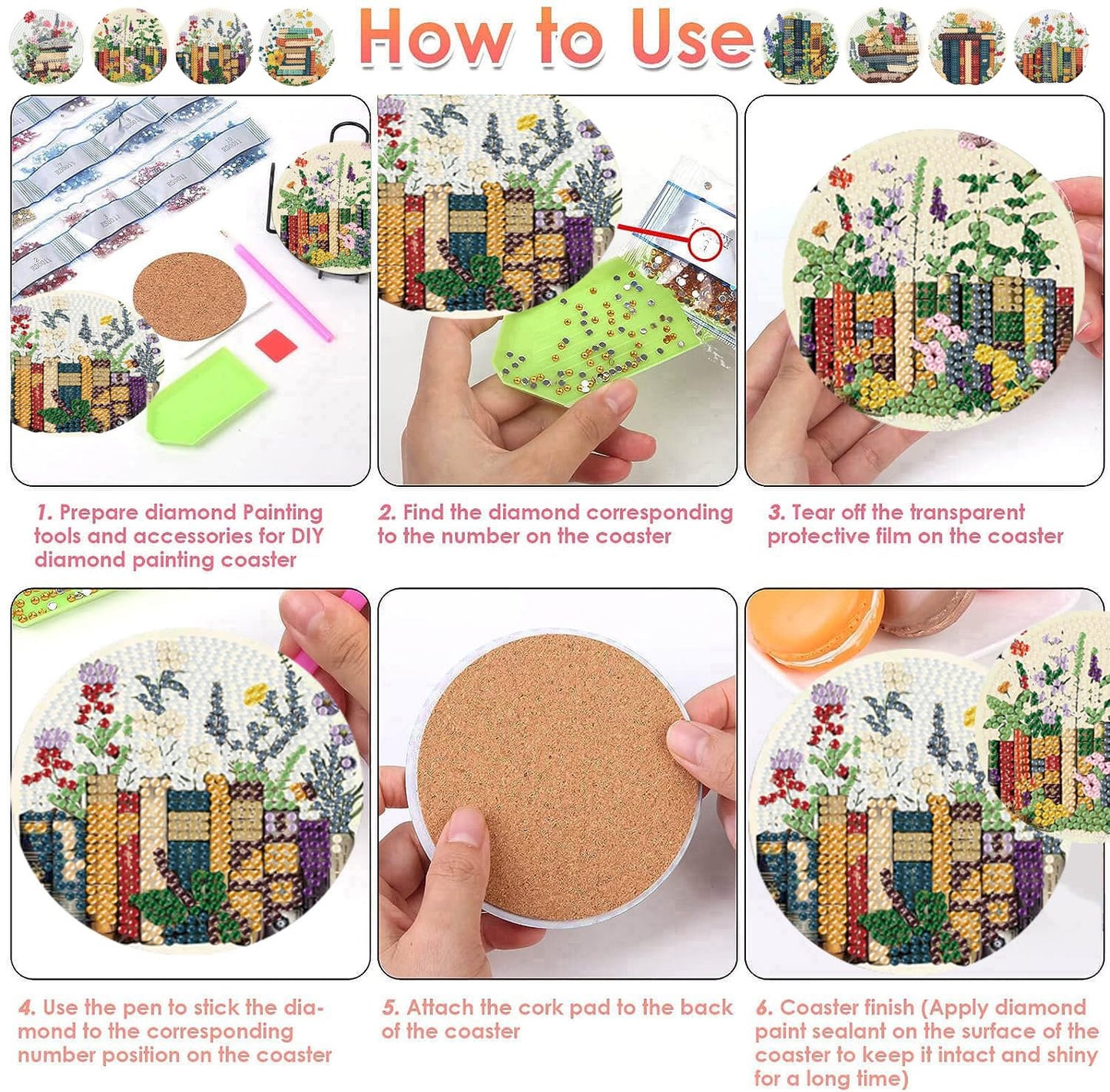ijbnhd 8 Pcs Diamond Art Coasters Kits, Books Diamond Painting Coasters Kit with Holder, Diamonds Art Non Slip Coaster Crafts Kits for Adults Gifts 4x4 inch (Cork Wooden Pad)