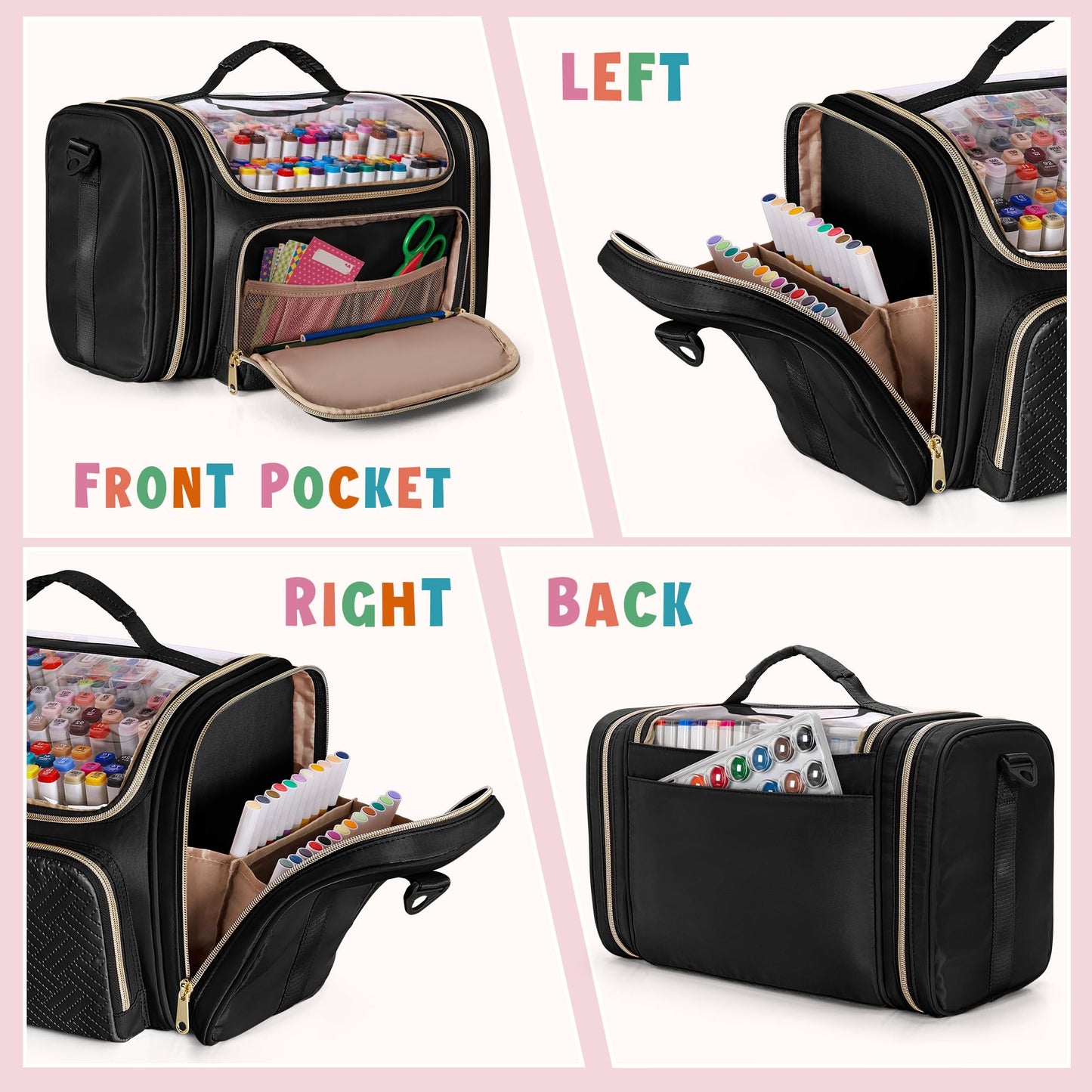 Rexmica Marker Organizer Case Bag for 180-300 Markers, Large Marker Storage Bag with Detachable Divider for Adults, Marker Travel Holder Case Bag for Various Markers or Other Art Craft Supply, Black