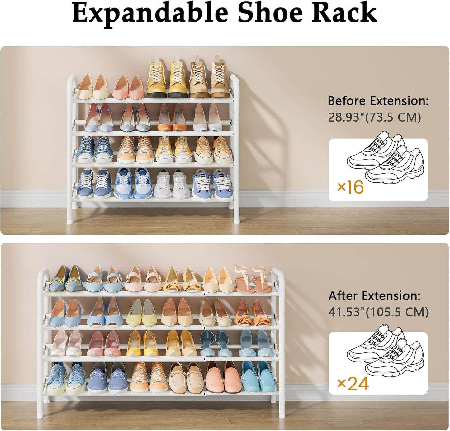 Closet,4 28 42, 24 Gewudraw Shoe Rack for Tier Shoe Organizer, Metal Shelf Can Expandable to for Bedroom, Entryway