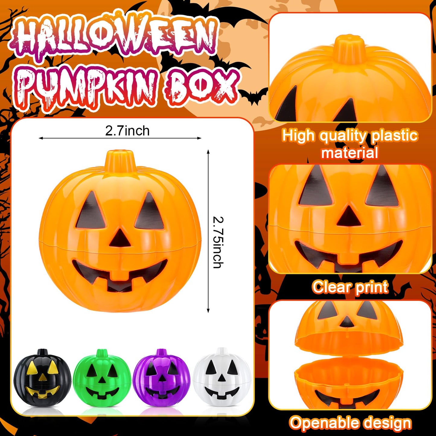 Lallisa 120 Pcs Halloween Pumpkin Containers Plastic Storage Box Case Bulk, Mini Pumpkin Egg Candy Gift Bucket for Halloween Trick Treat Decoration Party Supplies(Black, Orange, White, Purple, Green)