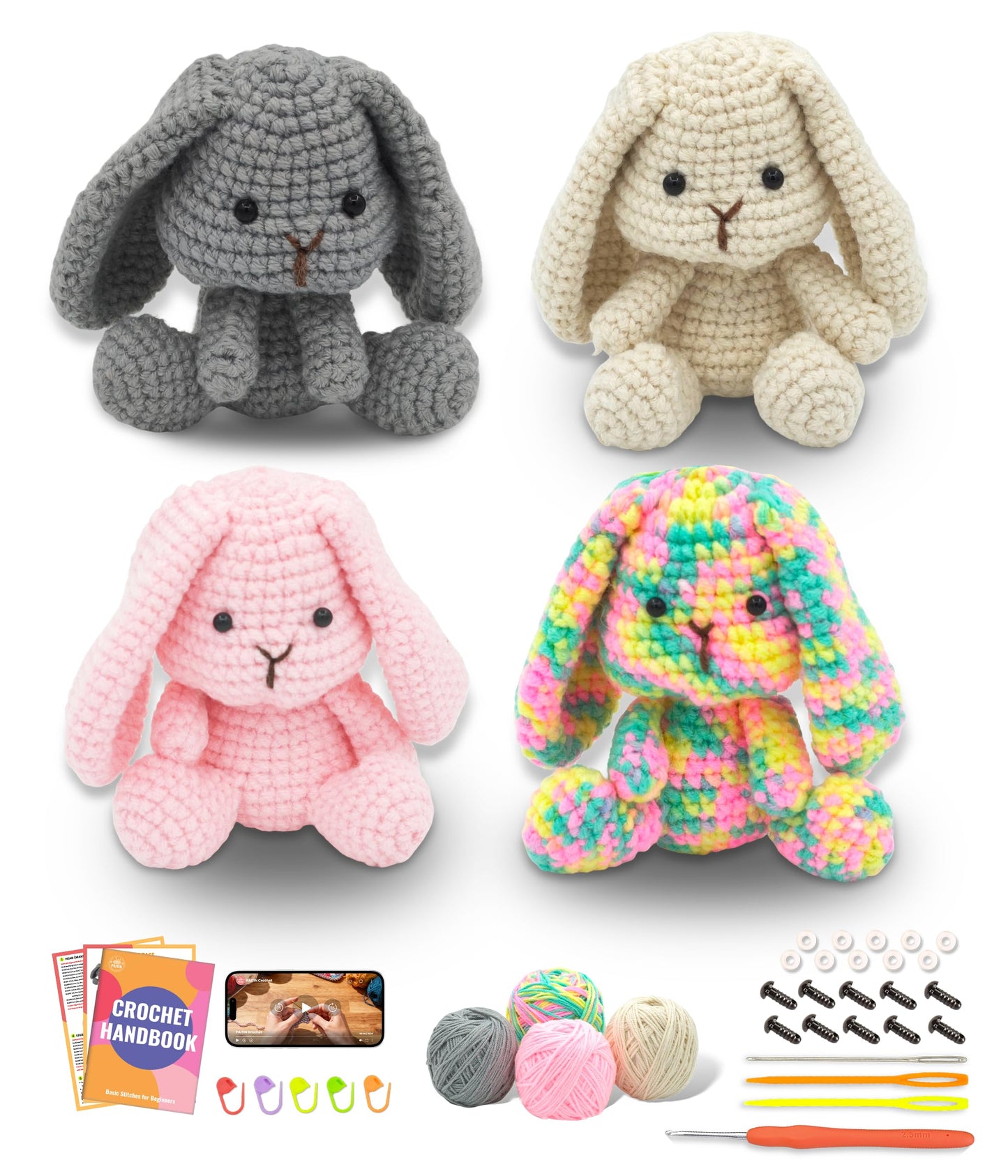 PAITIN Crochet Kit for Beginners – DIY Bunny Amigurumi Crochet Project Kit with Step-by-Step Video Tutorials, Beginner Handbook and All Materials Included