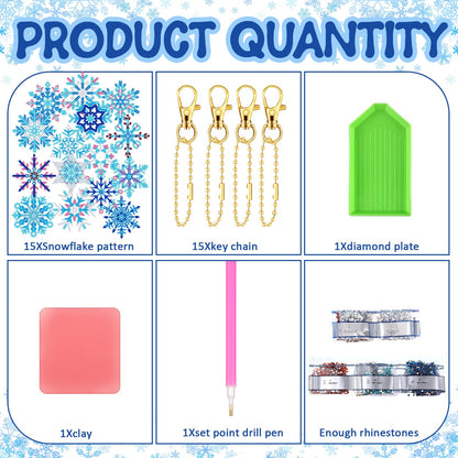 BBTO 15 Pieces Winter Diamond Painting Keychain Snowflake Diamond Painting Ornaments 5D DIY Diamond Painting Keychain Christmas Diamond Art Ornaments for Kids Christmas DIY Crafts Family Decor