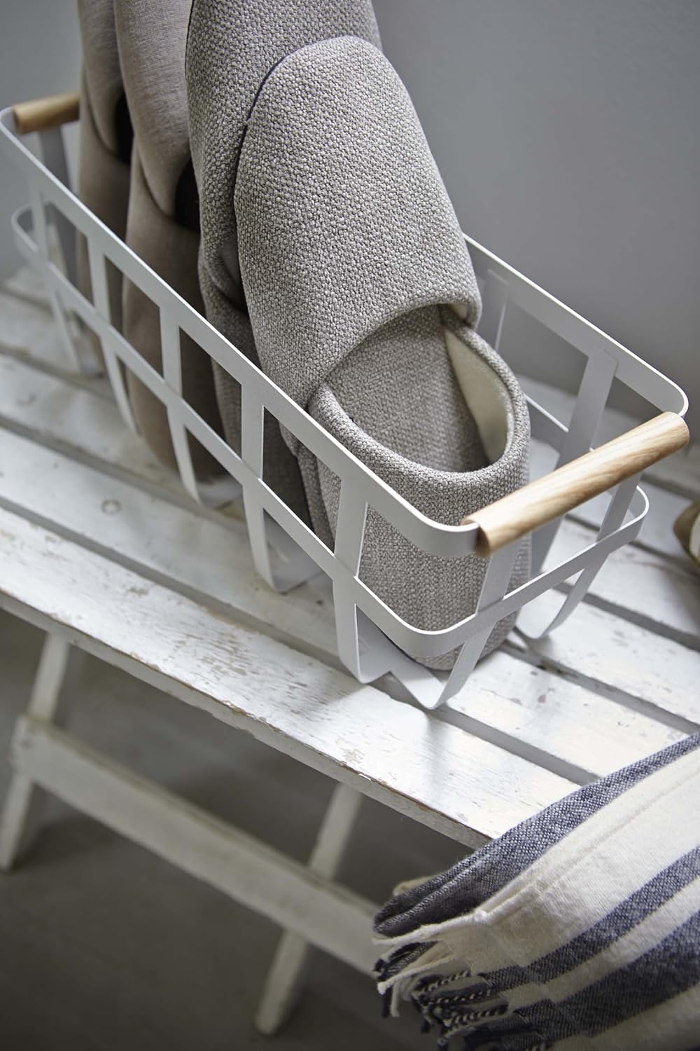 Storage Basket - Home Organizer Bin Holder with Wooden Handle - Steel + Wood - Small White