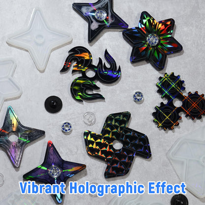 NiArt DIY Epoxy Resin Fidget Spinner Molds Set – 5 Holographic Silicone Casting Molds with Rainbow Texture, 15 Bearings, 15 Pairs Plastic Caps & Organizer Box for Handmade Finger Toys & Craft Projects