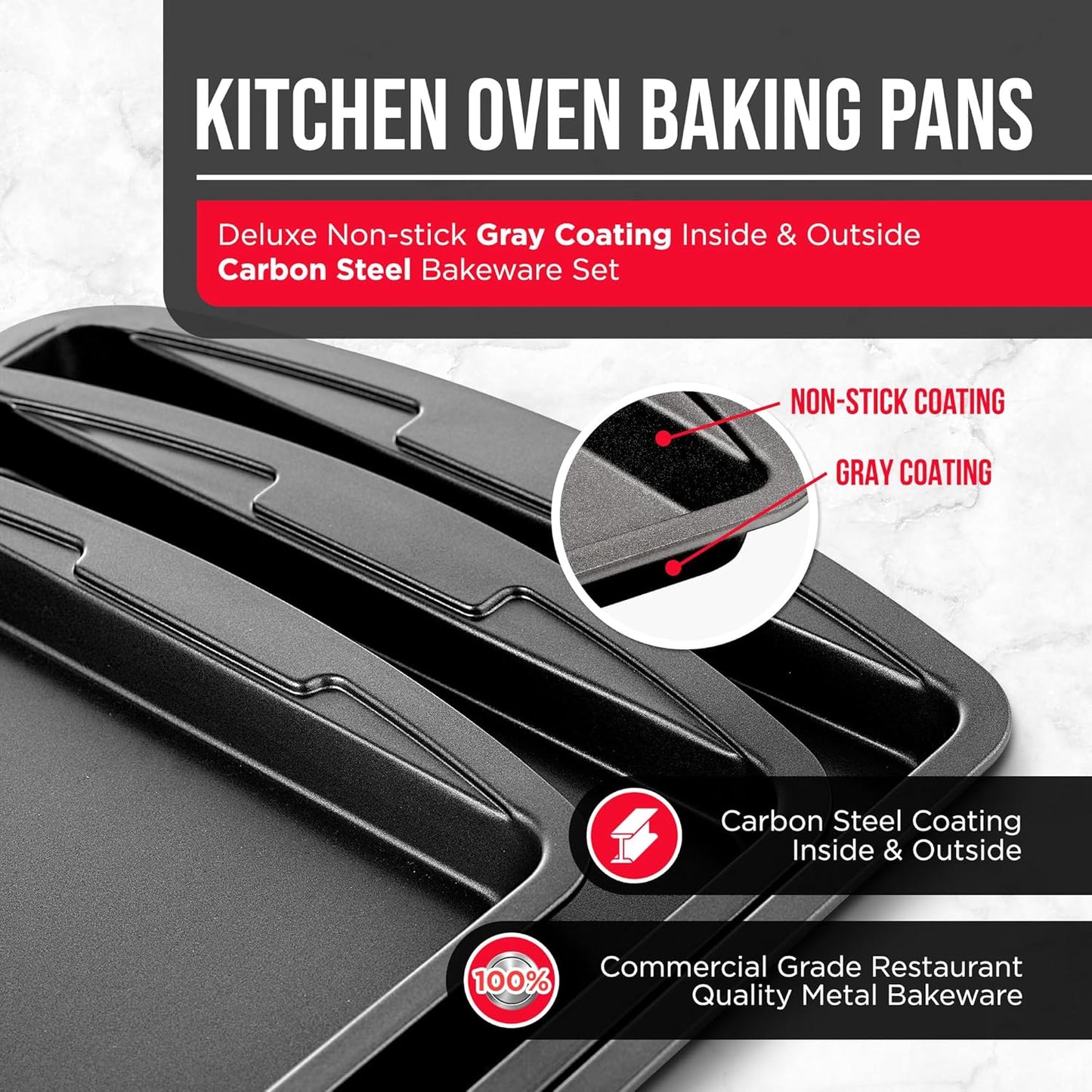 Bakken Swiss Cookie Sheet 3 Piece Set, Non-Stick Stackable Baking Pans with Gray Deluxe Ceramic Coating, Dishwasher Safe