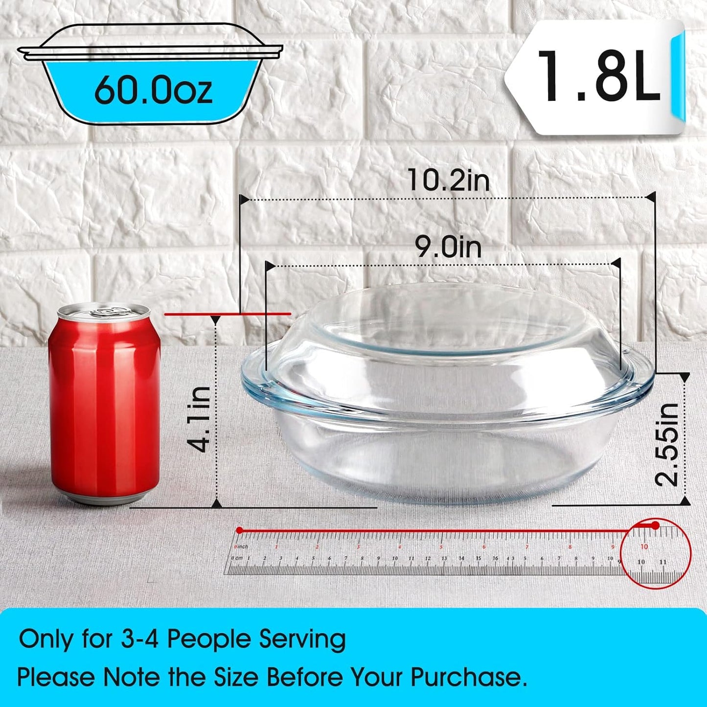 Mini 9 Inch Round Glass Casserole Dish with Glass Lid, Oven Safe Bakeware with Handles (1.9 QT)