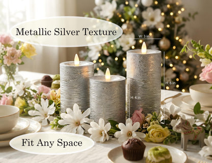 CozierGlow Shiny Metallic Silver Flameless Pillar Candles, Patented 3D Realistic Moving Flickering Flame with Remote Timer, Battery Operated 400hrs for Wedding, Holiday, Party, Decor, Gift(Set of 3)