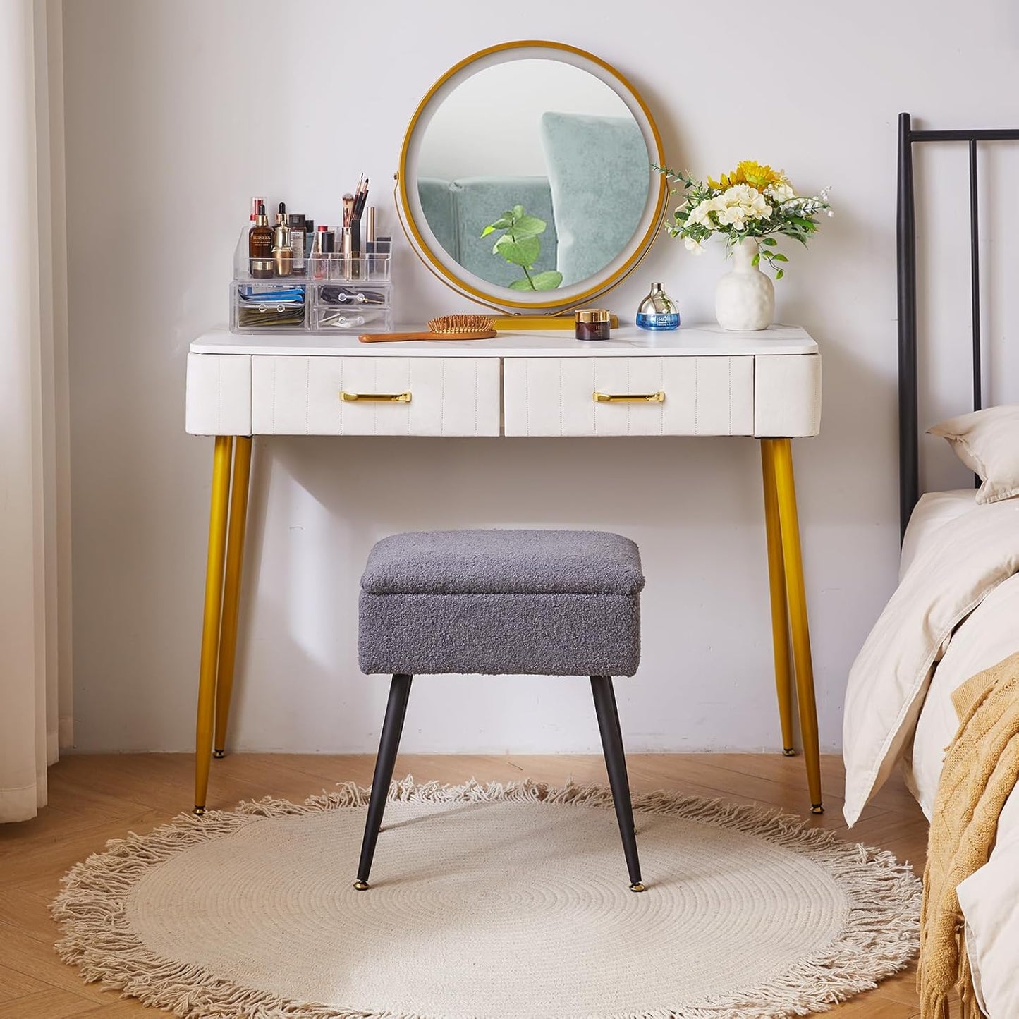 4 15.7" 11.8" 18.1" YD-SMS137G Aibiju Vanity Stool Chair Teddy Velvet with Storage, Grey Ottoman with Storage, Furry