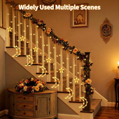 BomKra Dazzle Bright Ramadan Curtain String Lights, 138 LED Warm White Star Moon Fairy Lights 8 Lighting Modes with Remote and 12 Hooks for Bedroom Wall, Outdoor Party, Ramadan Decorations