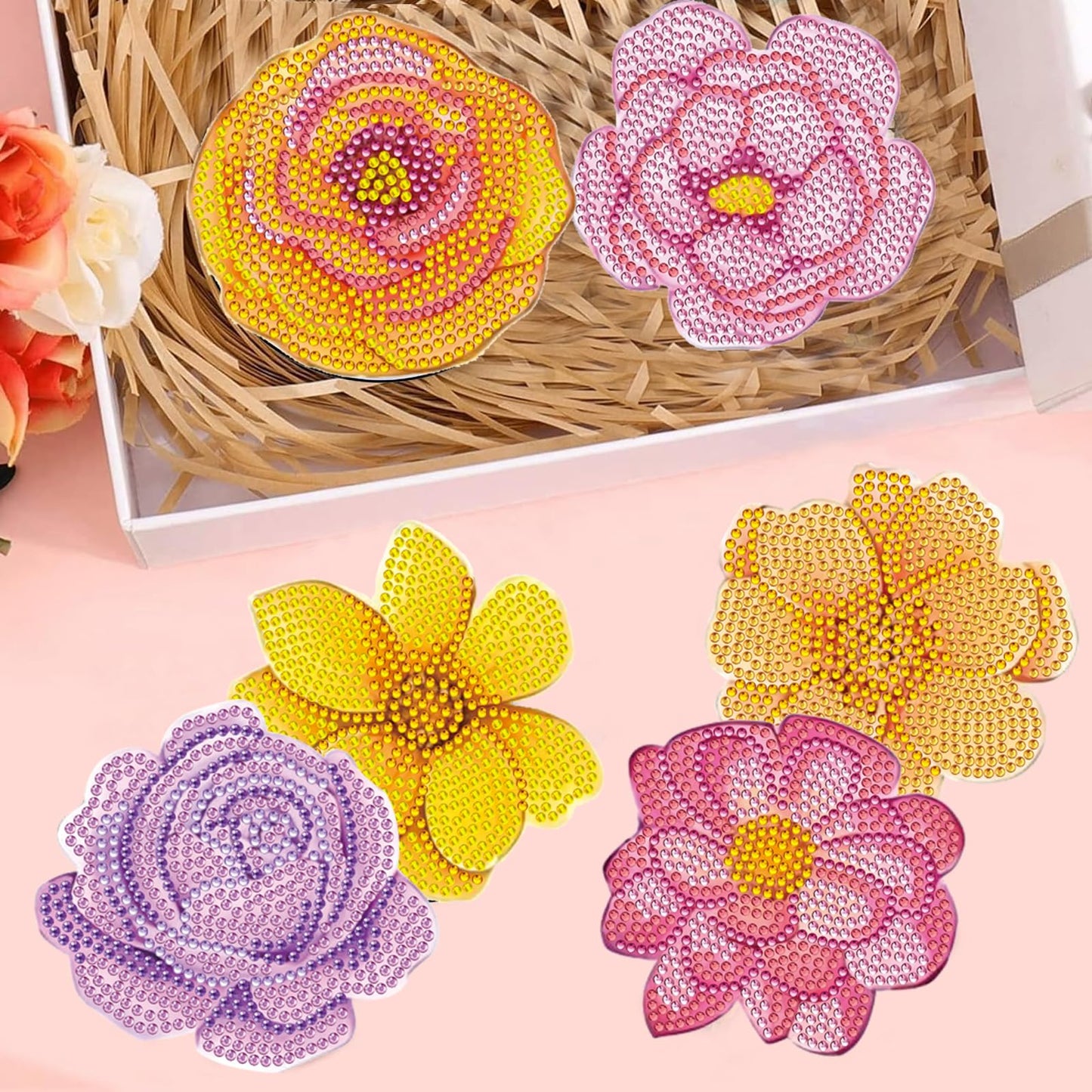 DOTZSO 8 Pcs Diamond Art Coasters Kit with Holder, Diamond Art Kits for Adults Beginners Small Diamond Painting Coasters, Arts and Crafts for Adults Supplies Item Sets (Flower)