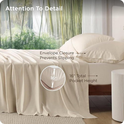 Bedsure Cooling Bed Sheets - Breathable Rayon from Bamboo | Full Size, Deep Pocket Up to 16 Inches, Light Beige