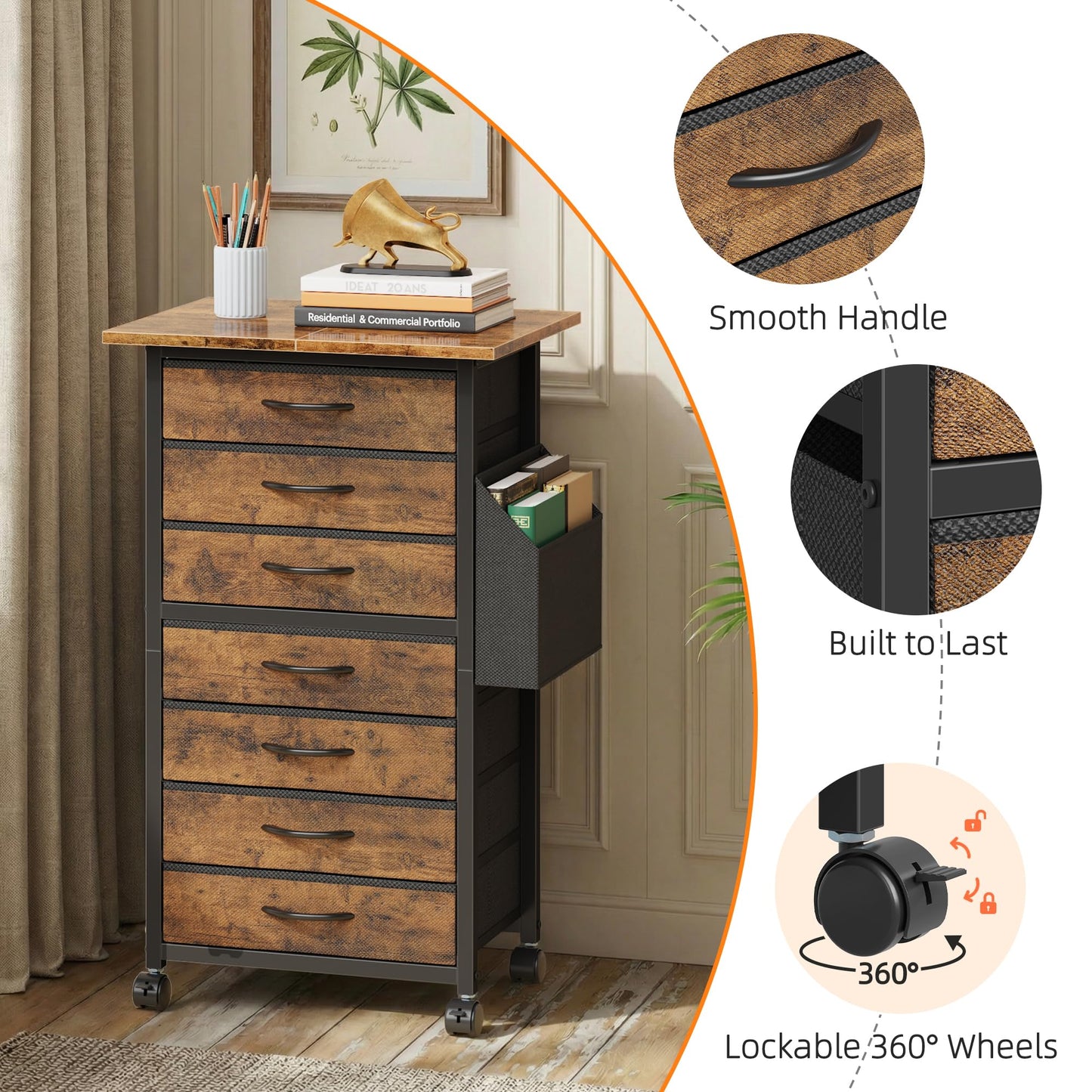 HIGDBFE 7 Fabric Drawers File Cabinet with Side Pocket, Rolling Printer Stand with Storage for Home Office, Wood Top Storage Cabinet for Documents and Crafts, Rustic Brown, 15" D