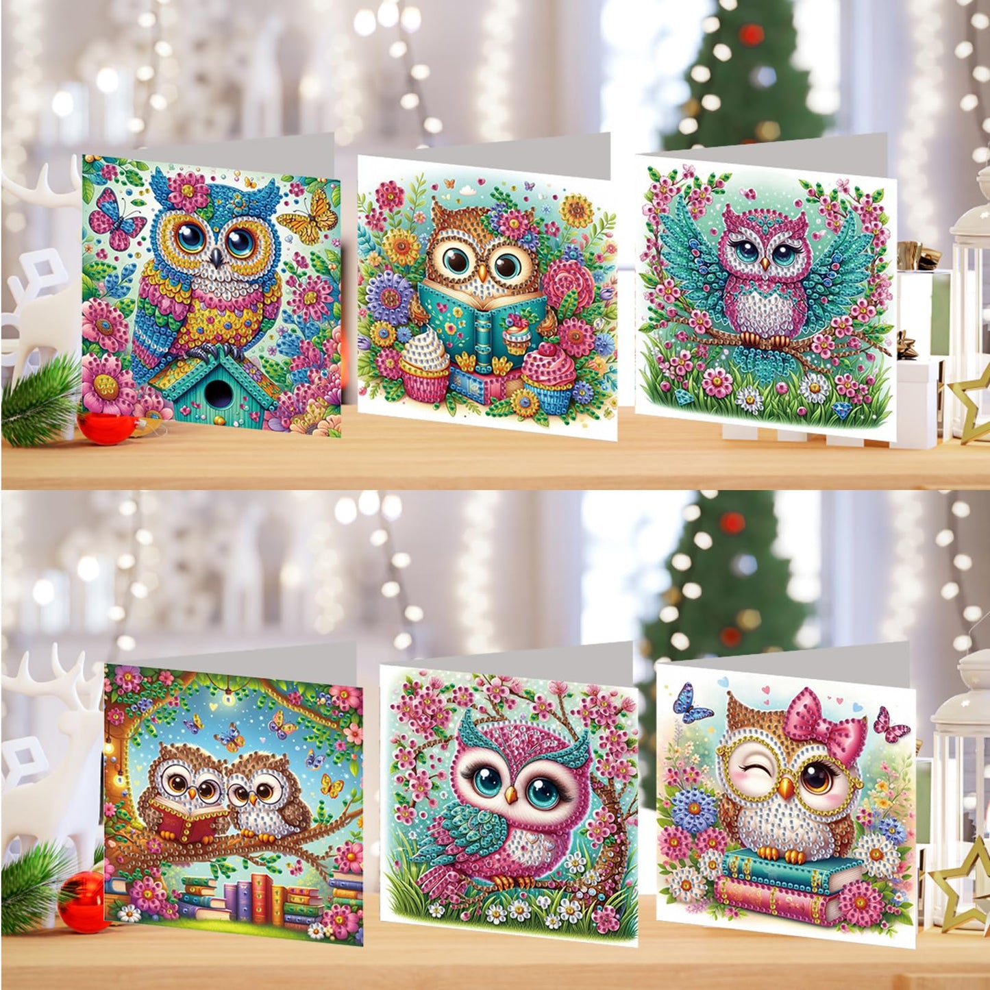 POETRYDRAW 6 Pack 5D DIY Diamond Art Painting Owl Greeting Card Kit, Diamond Birthday Holiday Greeting Card, Art Crafts Kit Creative with Envelope