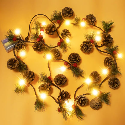 2 6.6 20 PCS Christmas Garland with Lights and Bigger Pine Cones, Led String Lights, Red Berries, Needle, Pine Cone