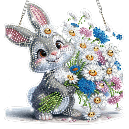 Bowetile Rabbit Diamond Art Hanging Kits for Adults, Diamond Art Suncatchers Bunny, 5D Special Shape Diamond Painting Flowers Pendant Window Ornament Easter Gifts for Home Wall Decor