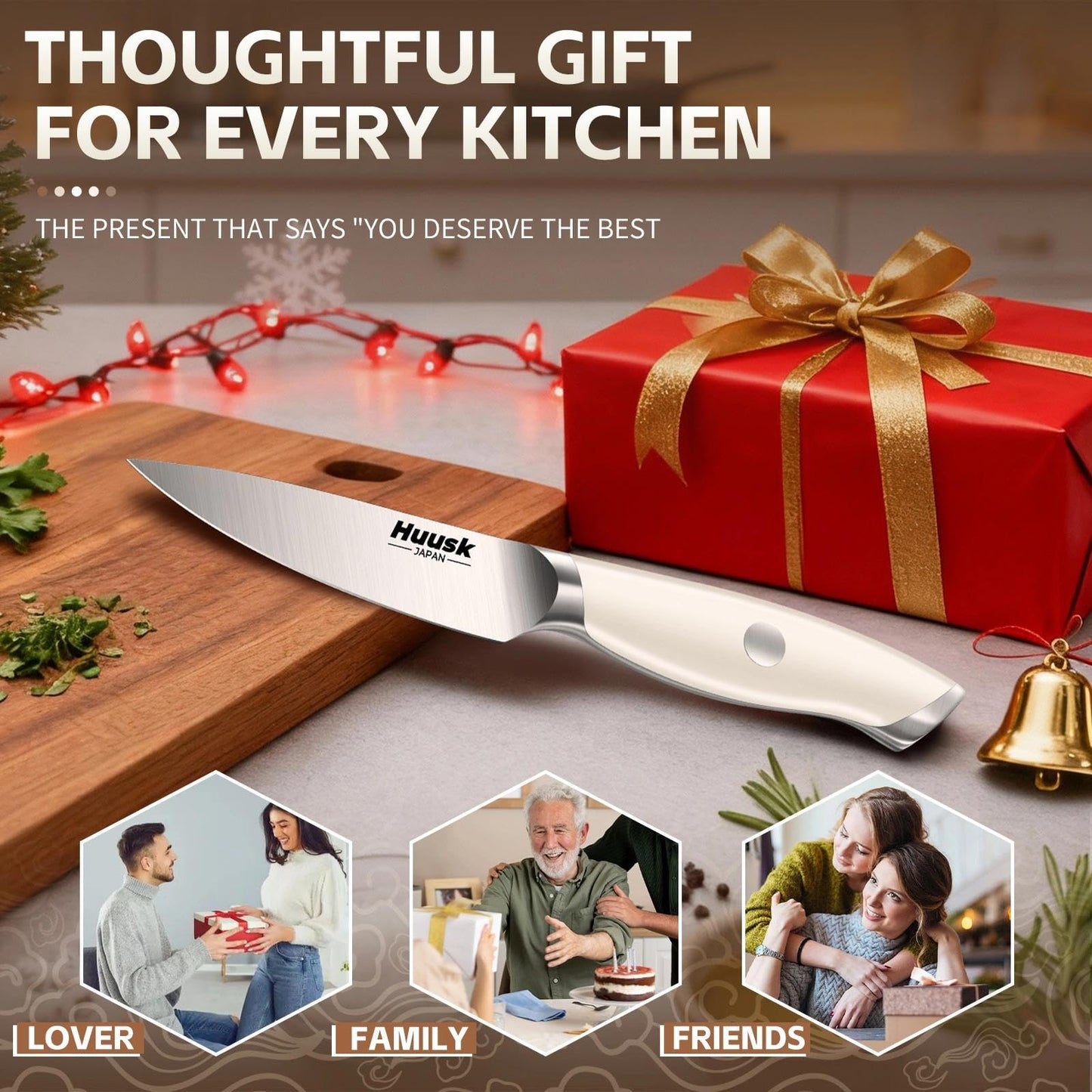Huusk Paring Knife Ultra Sharp, 3.5" Small Kitchen Knife with Ergonomic Ivory White Handle Well-balanced Vegetable Fruit Knives for Peeling Coring Cutting Present Gift to Men Women