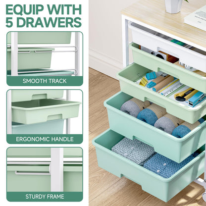 SYKIARIOL Utility Cart with 5 Drawers,Storage Cart with Wooden Tabletop and Lockable Wheels,Craft Storage Trolley Organizer,5-Tier Rolling Utility on Wheels,Light Green