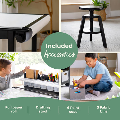 Guidecraft Design Studio – Black: 3-in-1 Kids Art Table & Stool Set, Writing, Crafting, Painting & Drafting Table for Kids with Craft Storage & Bins, Art Easel with Paper Roll, Toddler Activity Desk