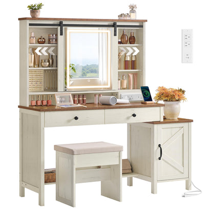 VASAGLE LIRY Collection - Vanity Desk with Mirror and Lights, Farmhouse Makeup Vanity with Stool, Charging Station, 2 Drawers, Jewelry Storage, for Bedroom, Rustic White and Honey Brown URDT135W01S