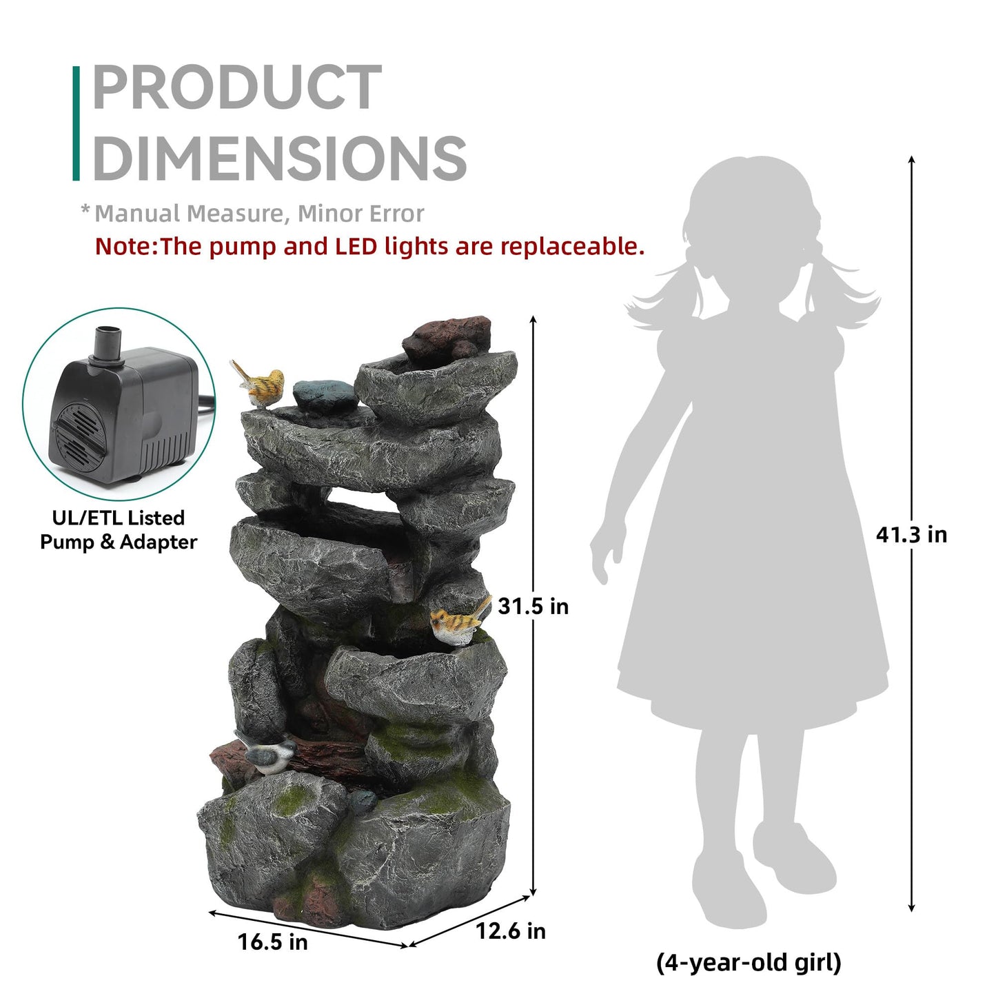 Ultym 31.5" Multi-Tier Rock Outdoor Water Fountain with LED Lights, Cascading Waterfall with Birds for Garden Patio Porch, Weather-Resistant Resin Water Feature for Tranquil Oasis