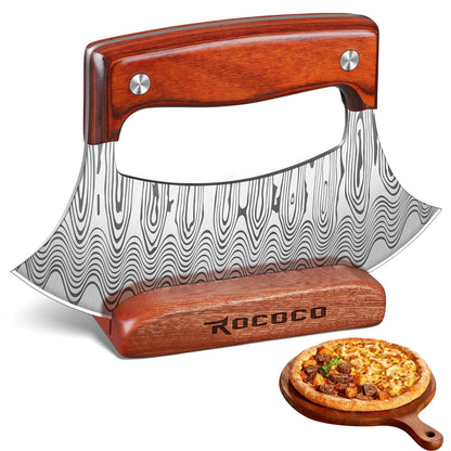 ROCOCO Pizza Cutter Ulu Knife – Full Tang Mezzaluna Rocker Knife with Wood Block for Kitchen Birthday Gifts for Men Women