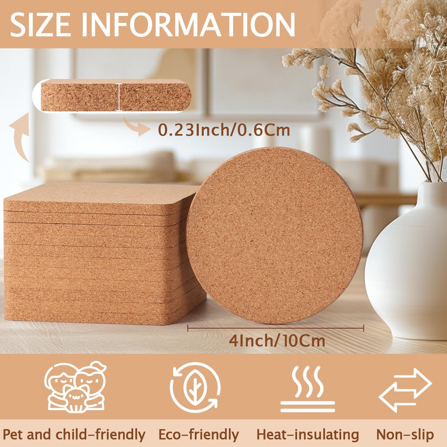 60 PCS Cork Coasters for Laser Engraving, GOH DODD Thicken Absorbent Mats Blank Coasters Bulk Tabletop Protection Plant Saucers for Drinks Wood Burning Arts Crafts DIY Resin Gifts, 4 Inch