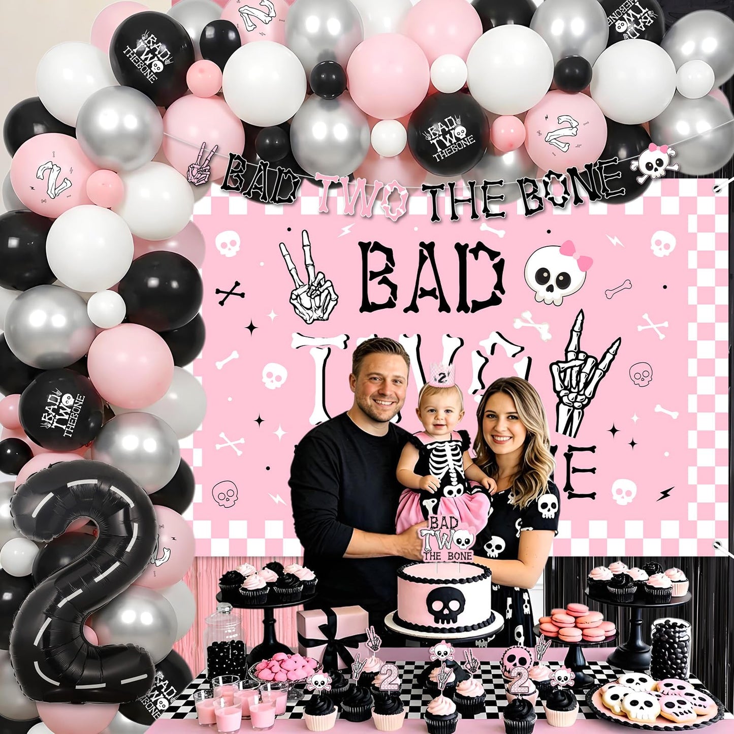 kreat4joy Bad Two The Bone Party Decoration Pink, Skeleton Theme Backdrop Banner Cake Cupcake Topper Table Cloth Hat Fringe Curtain Latex Balloon Garland Arch Kit for Girl 2nd Birthday Decoration