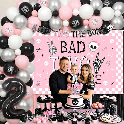 kreat4joy Bad Two The Bone Party Decoration Pink, Skeleton Theme Backdrop Banner Cake Cupcake Topper Table Cloth Hat Fringe Curtain Latex Balloon Garland Arch Kit for Girl 2nd Birthday Decoration
