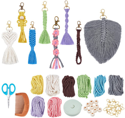INFUNLY 8 Set Macrame Keychain DIY Kits Mini Boho Keychains Bag Charms Macrame Keychain Bracelet with Tassels for Car Key Purse Phone Instruction Included