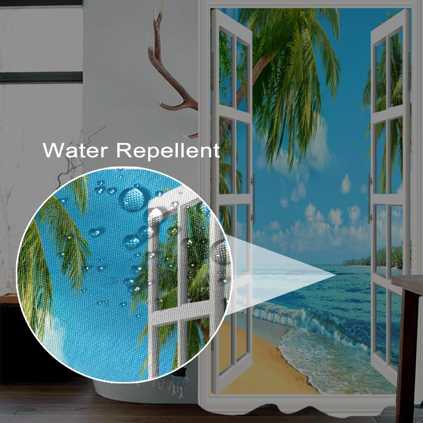Summer Shower Curtain Set for Bathroom, White Window Blue Sky Sea Water with Green Palm Trees, 72x72 inches