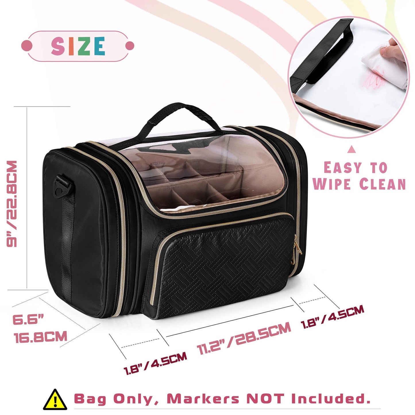 Rexmica Marker Organizer Case Bag for 180-300 Markers, Large Marker Storage Bag with Detachable Divider for Adults, Marker Travel Holder Case Bag for Various Markers or Other Art Craft Supply, Black