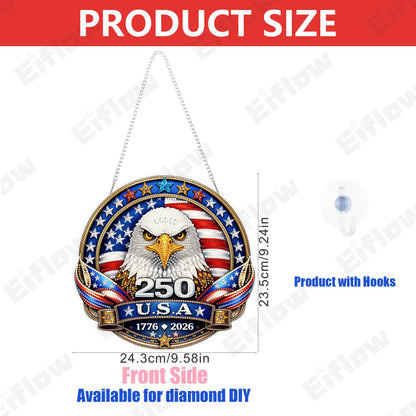 Eiflow 250 Years Anniversary USA Diamond Art Hanging Kit for Adults, DIY Patriotic Diamonds Painting Door Hanger Board Kit, Crystal Diamond Art Painting Pendant Ornament (4th of July Eagle Badge)