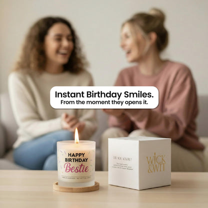 Bestie Birthday Gifts for Women - Happy Birthday Bestie Gifts for Women with Sprinkles Friendship Soy Candle Gift Set for BFF Sister Coworker Vanilla Lavender Candle Ready to Gift Box by Wick and Wit