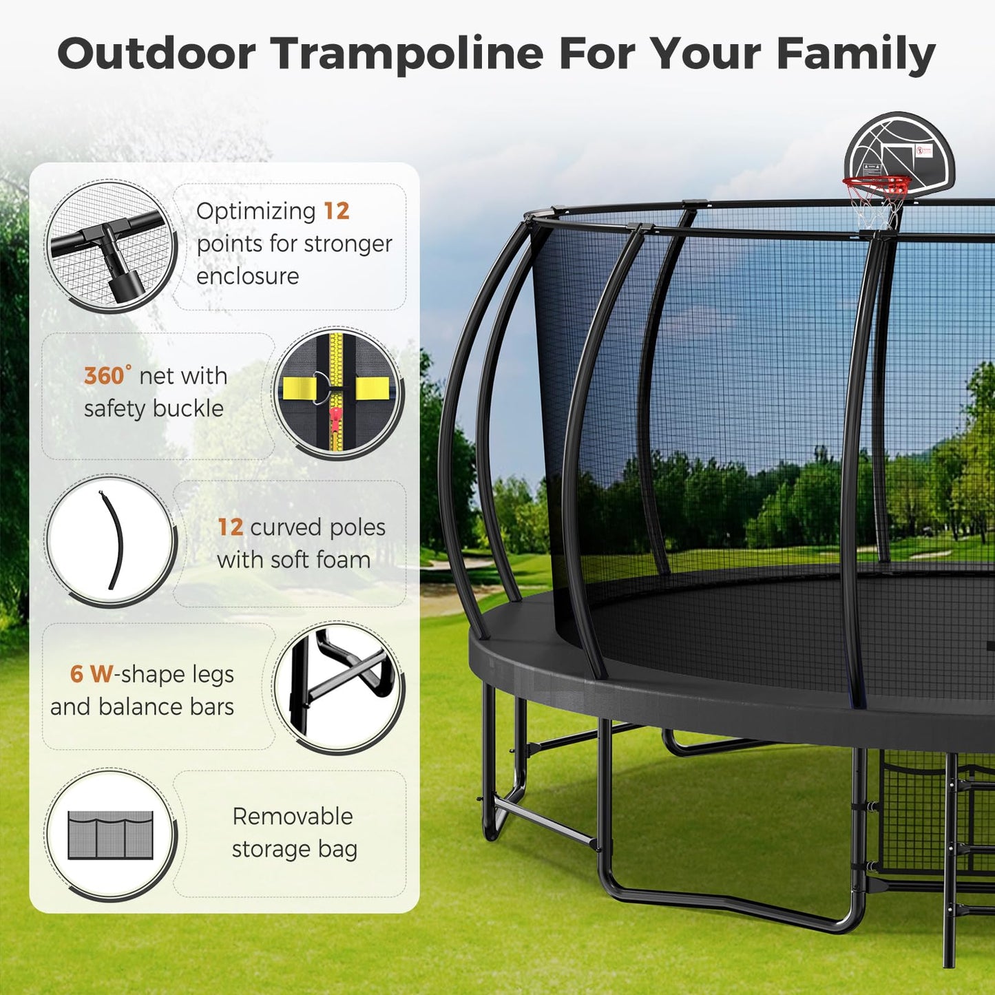 Tatub 16FT Upgrade Pumpkin Trampoline for Kids and Adults, Outdoor Recreational Trampolines with Basketball Hoop & Enclosure Net, Curved Poles & Storage Bag, Black