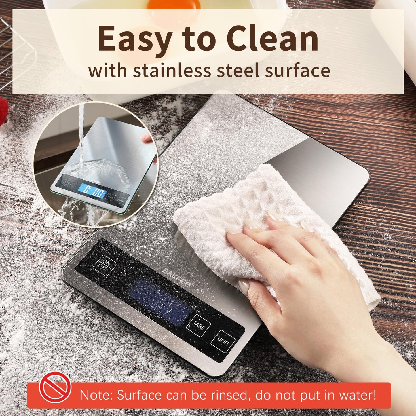BakFee Food Scale, 33lb Digital Kitchen Scale with Stainless Steel & Tempered Glass, USB Rechargeable, 1g/0.05oz Precise Weighing, Splash-Resistant and Sturdy Surface, for Cooking, Baking, Weight Loss