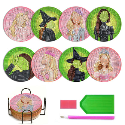 8Pcs Witch Diamond Art Coasters Kit Pink Green Diamond Painting Coasters Kit with Holder Fun DIY Diamond Art Craft for Adults Gifts Office Home Decor Supplies