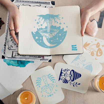 Keluna Mushroom Stencils for Painting, 18 Pcs Bohemian Art Craft, 12 Inch Large Reusable Crescent Moon Phase Drawing Template for Wood Wall Canvas Home Decor
