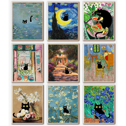 GemZono Diamond Art Kits for Adults and Beginners - 9pcs, 5D Round Diamond Digital Painting Kit, DIY Black Cat Diamond Art Painting, Matisse Van Gogh Living Room Bedroom Decoration (12 x 16 inch)