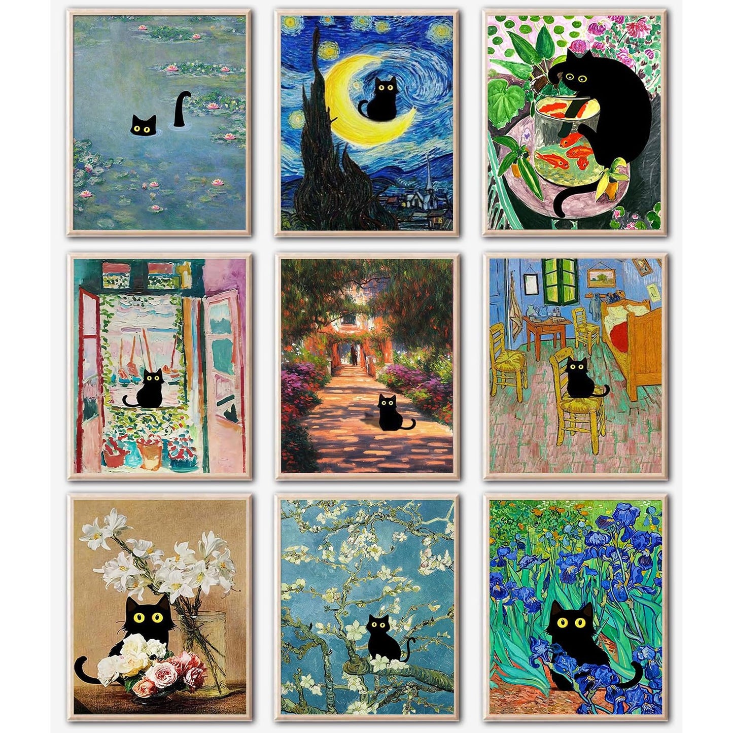 GemZono Diamond Art Kits for Adults and Beginners - 9pcs, 5D Round Diamond Digital Painting Kit, DIY Black Cat Diamond Art Painting, Matisse Van Gogh Living Room Bedroom Decoration (12 x 16 inch)