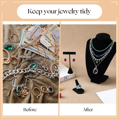 Wenqik 3 Pcs Velvet Jewelry Display Set Velvet Necklace Bust Holder T Shape Earring Stand Ring Finger Jewelry Holder, Black