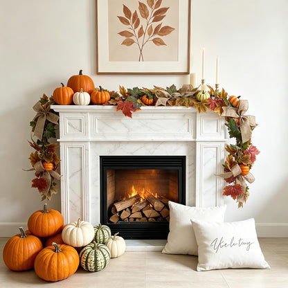 HipTree 6FT Fall Garland with Maple Leaves Pumpkins Burlap Bows Berries, Autumn Harvest Garland for Mantle Fireplace Table Centerpiece, Thanksgiving Home Indoor Outdoor Decor,Fall Decorations for Home