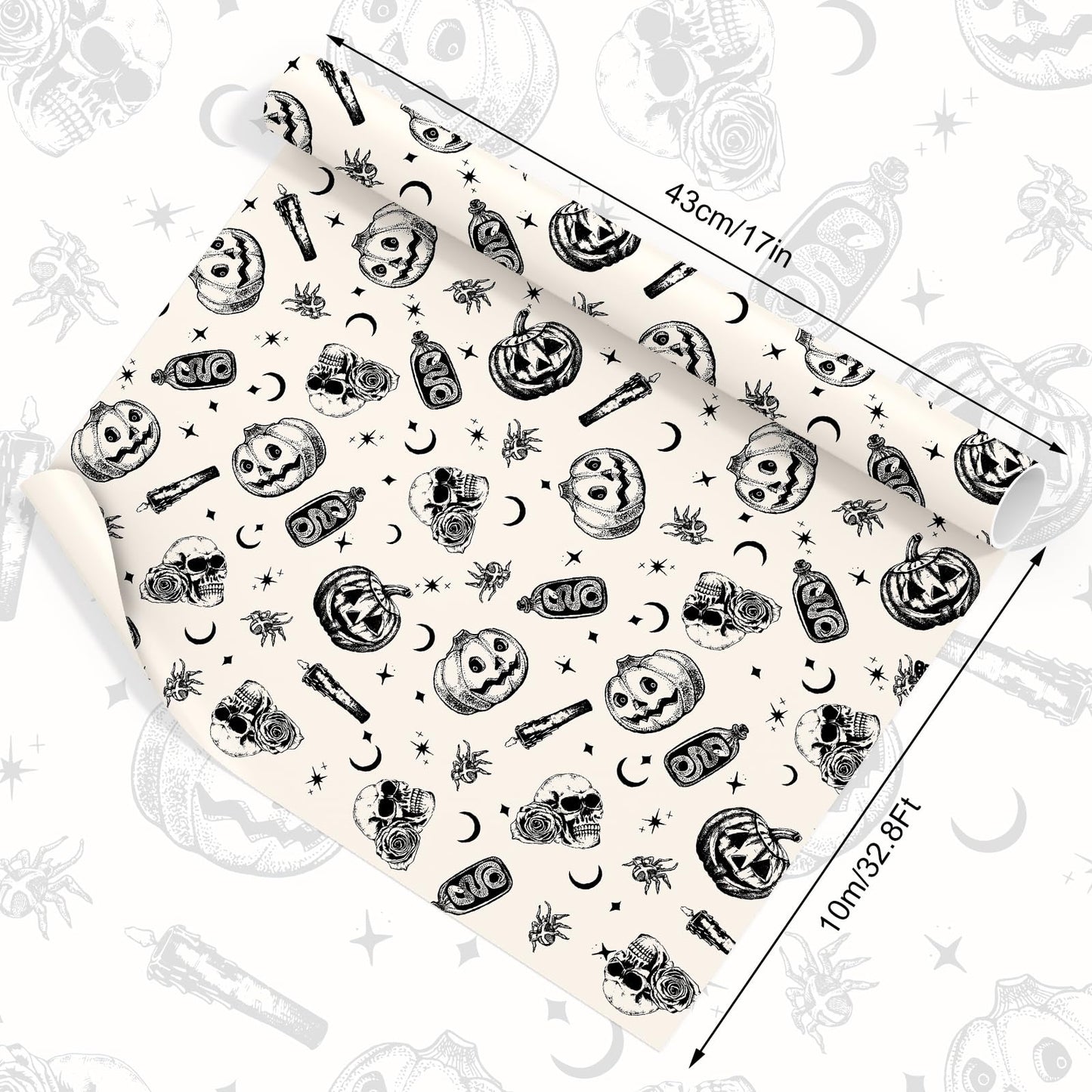 Whaline Halloween Wrapping Paper -Mini Roll- 17 In x 32.8 Ft Beige Black Skull Pumpkin Viper Gift Wrap Paper for Halloween Wrapping Supplies